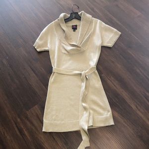 Bebe tan/gold shimmer folded turtle-neck belted dress M